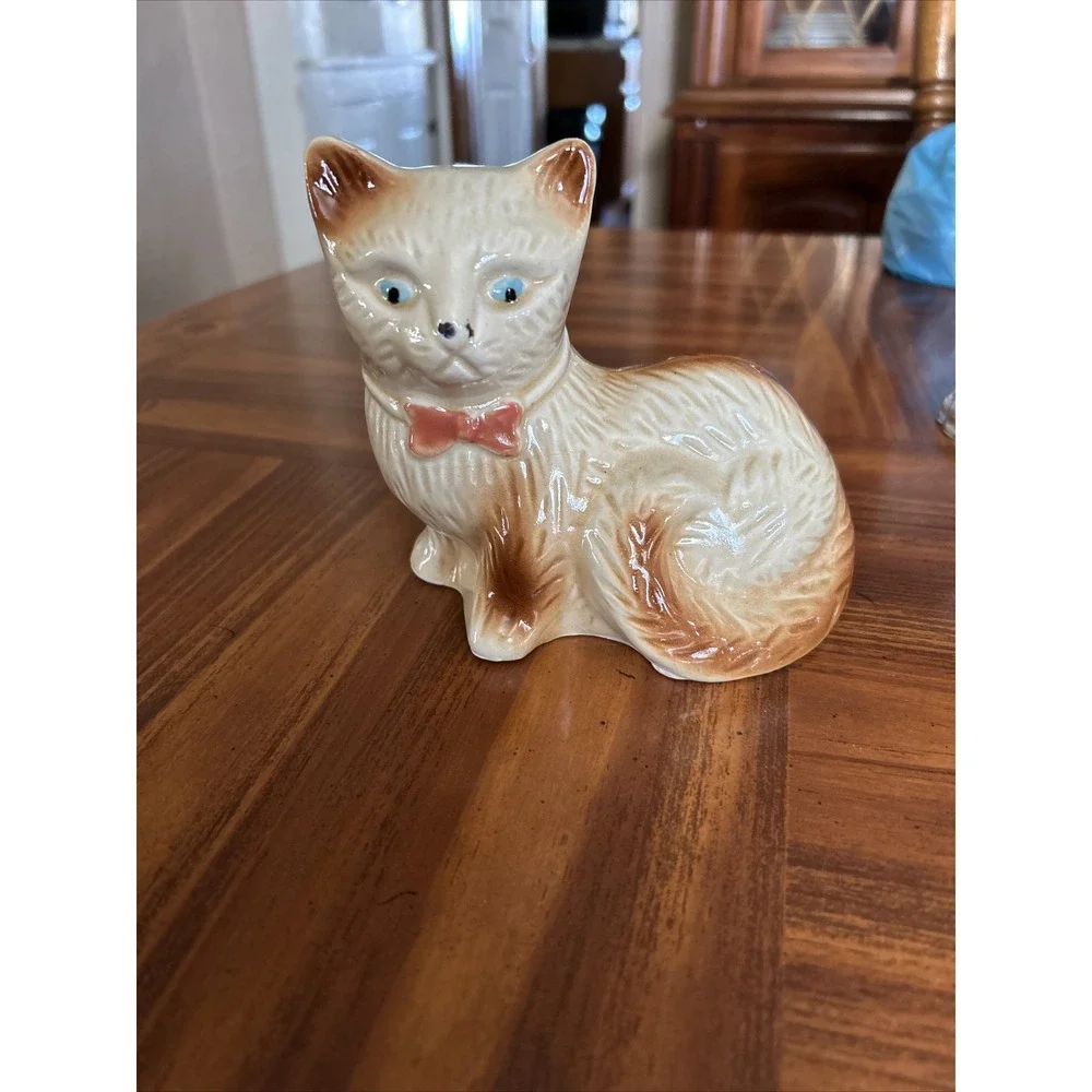 made in brazil Glazed Pottery Ceramic Brown Beige Cat Kitten Kitty